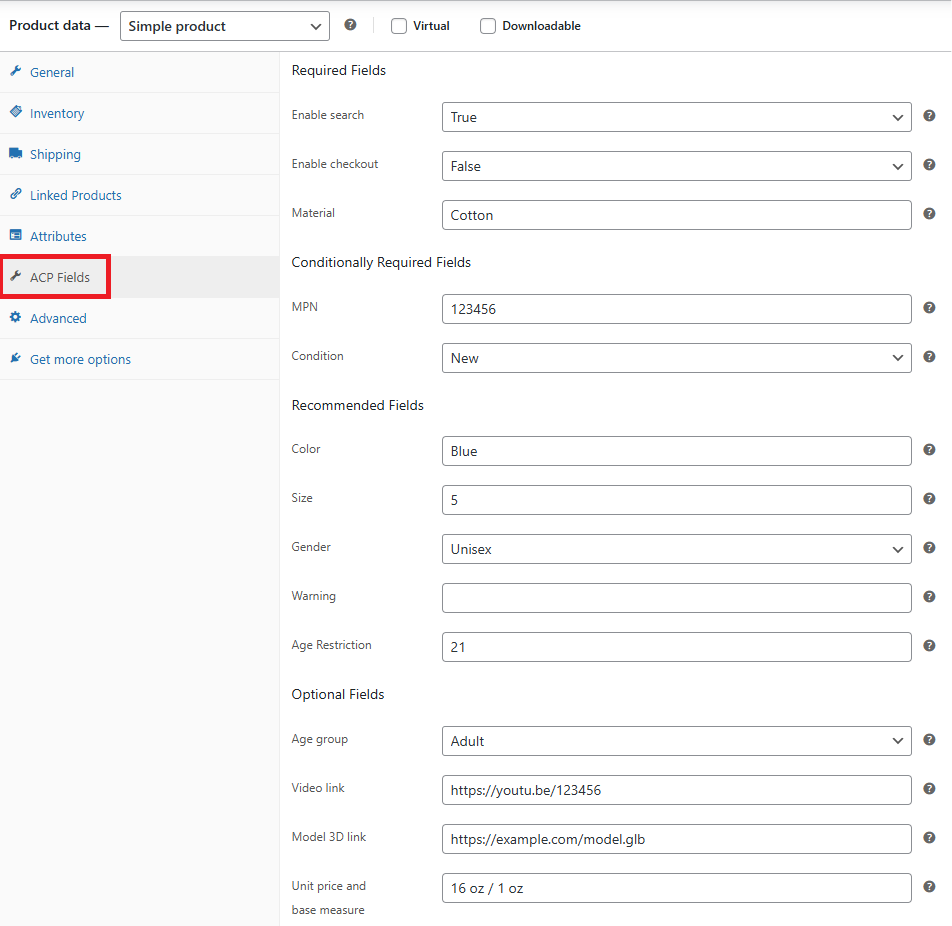 ACP product specific fields